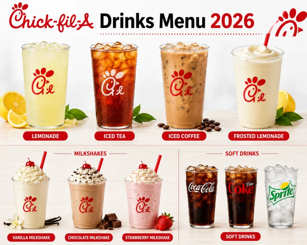 Explore the Chick Fil A drinks menu with lemonade, iced tea, coffee, milkshakes, soft drinks, seasonal beverages, prices, and calories for 2026.