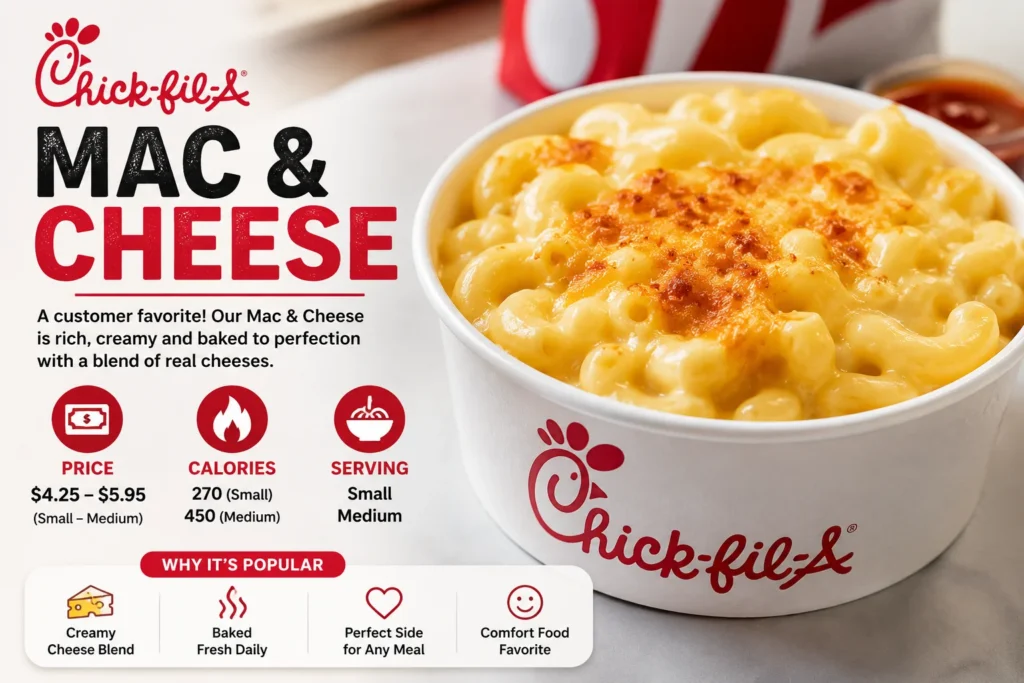 Chick Fil A mac and cheese bowl with creamy baked cheddar topping and updated price calories guide for 2026