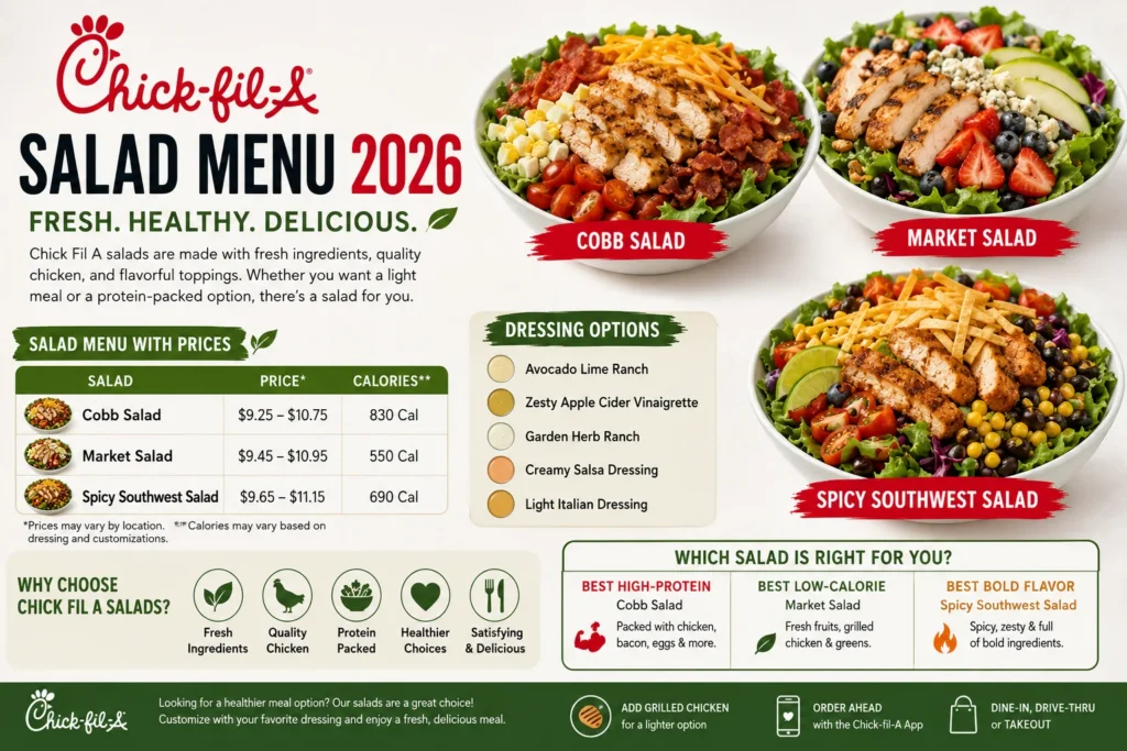 Chick Fil A salad menu with Cobb Salad, Market Salad, Southwest Salad, prices, calories, and healthy menu options for 2026