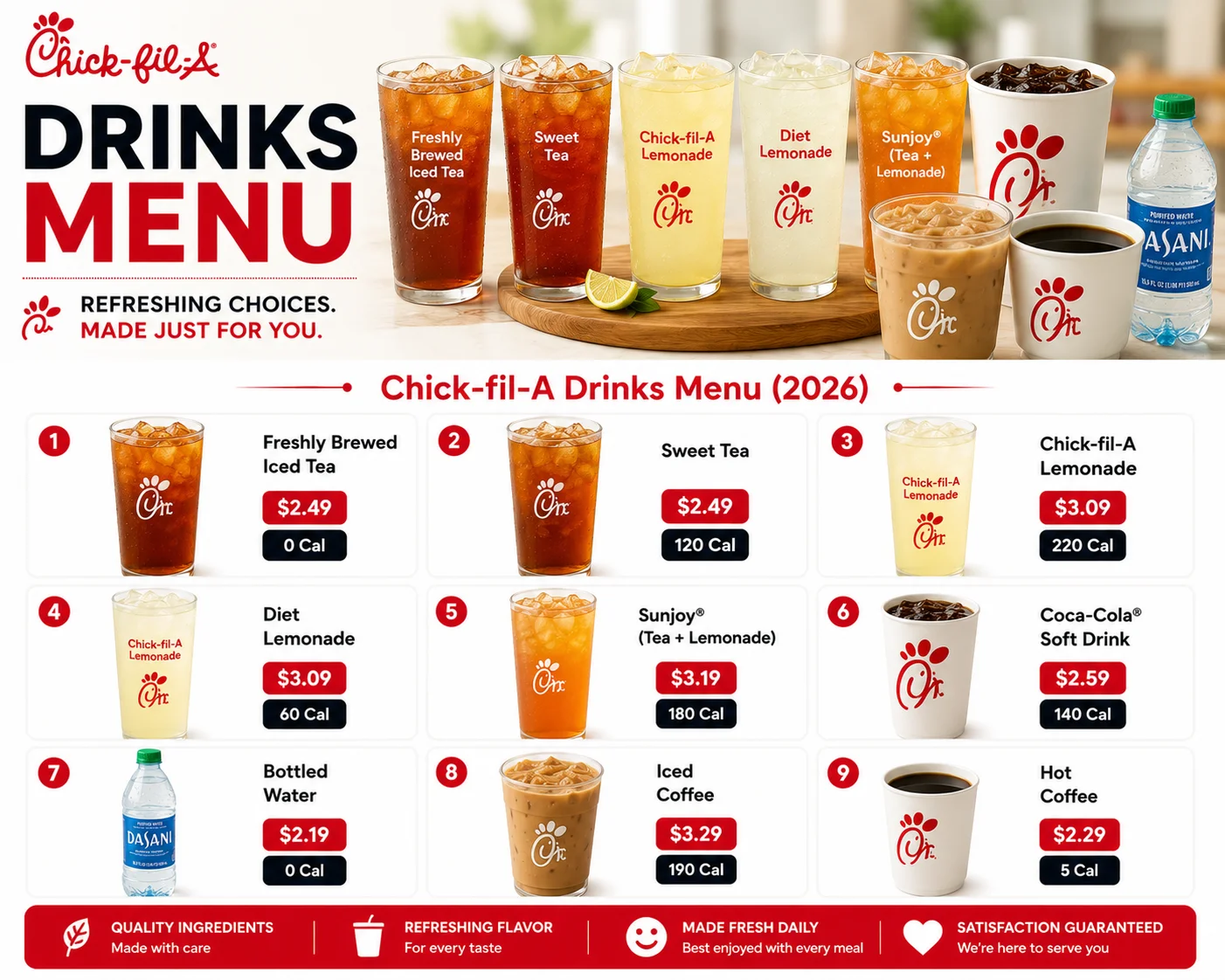 "Chick-fil-A Drinks Menu 2026 featuring iced tea, lemonade, Sunjoy, soft drinks, coffee and bottled water with prices and calories"