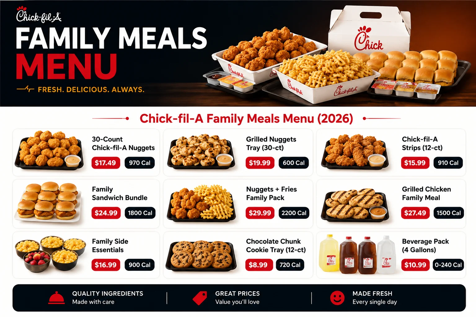 "Chick-fil-A Family Meals Menu 2026 with nuggets, fries, sandwich bundles, prices and calories"