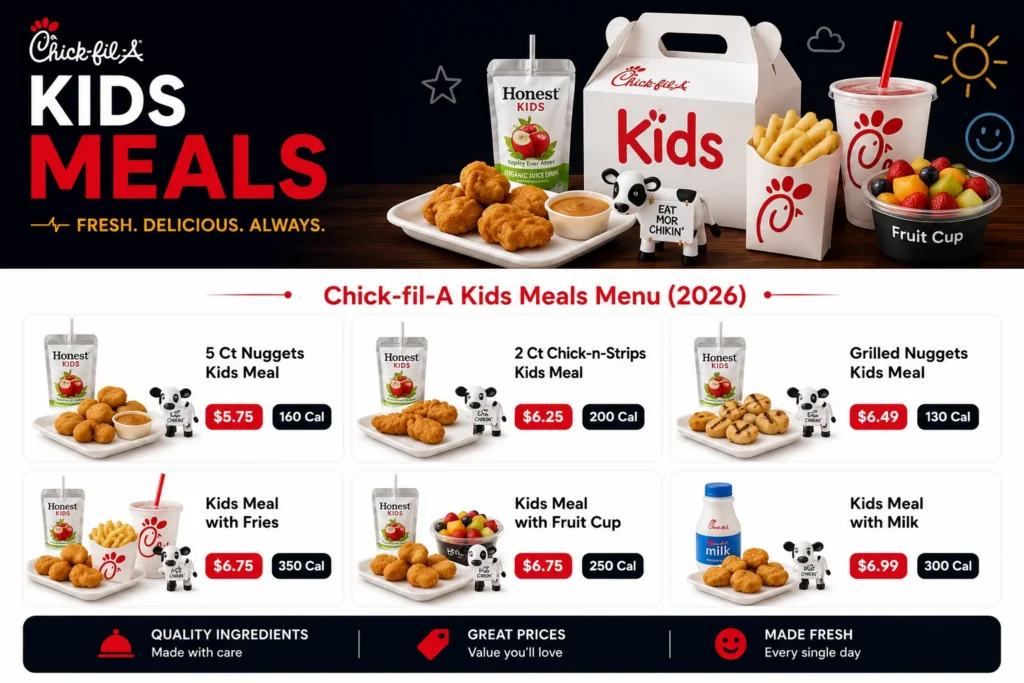 "Chick-fil-A Kids Meals Menu 2026 featuring nuggets, chicken strips, grilled nuggets, fries, fruit cup and milk with prices and calories"