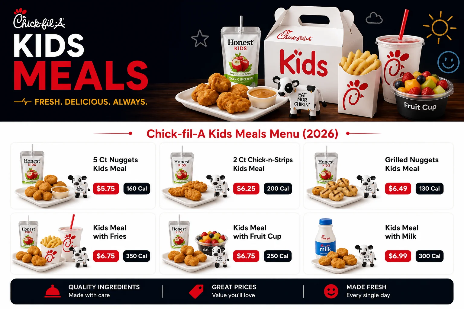 "Chick-fil-A Kids Meals Menu 2026 featuring nuggets, chicken strips, grilled nuggets, fries, fruit cup and milk with prices and calories"