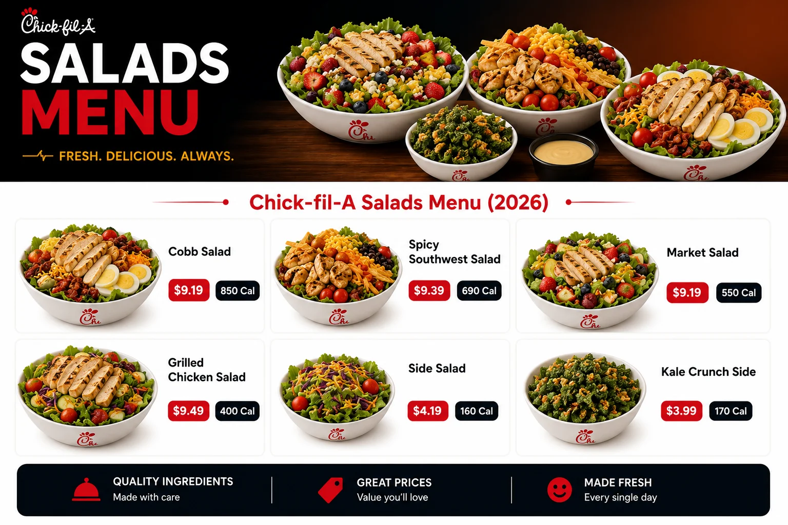 "Chick-fil-A salad menu featuring Cobb Salad, Market Salad, and Spicy Southwest Salad with fresh ingredients"