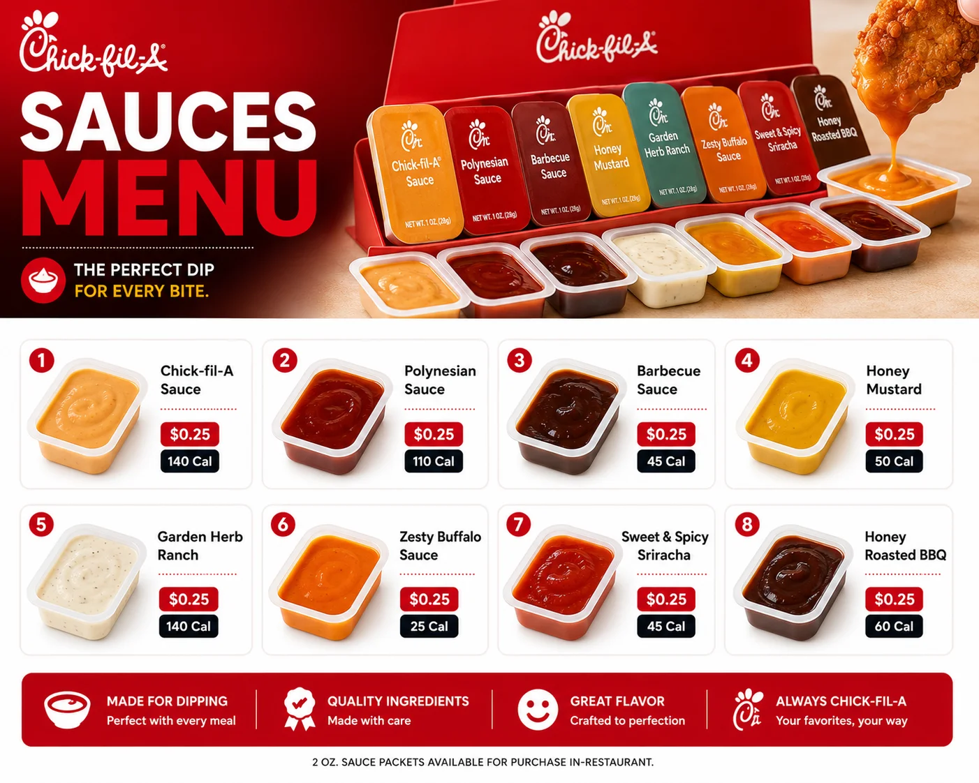 "Chick-fil-A Sauces Menu 2026 featuring Chick-fil-A sauce, Polynesian, barbecue, honey mustard, ranch and buffalo sauces with prices and calories"