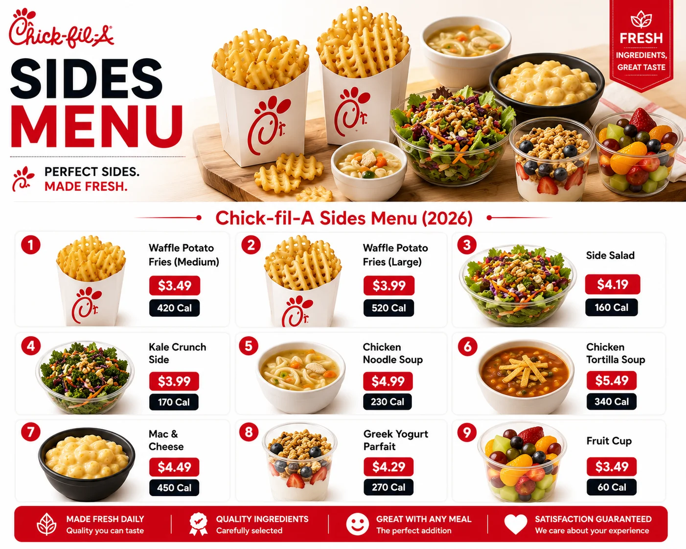 "Chick-fil-A Sides Menu 2026 featuring waffle fries, mac and cheese, soups, side salad, fruit cup and yogurt parfait with prices and calories"