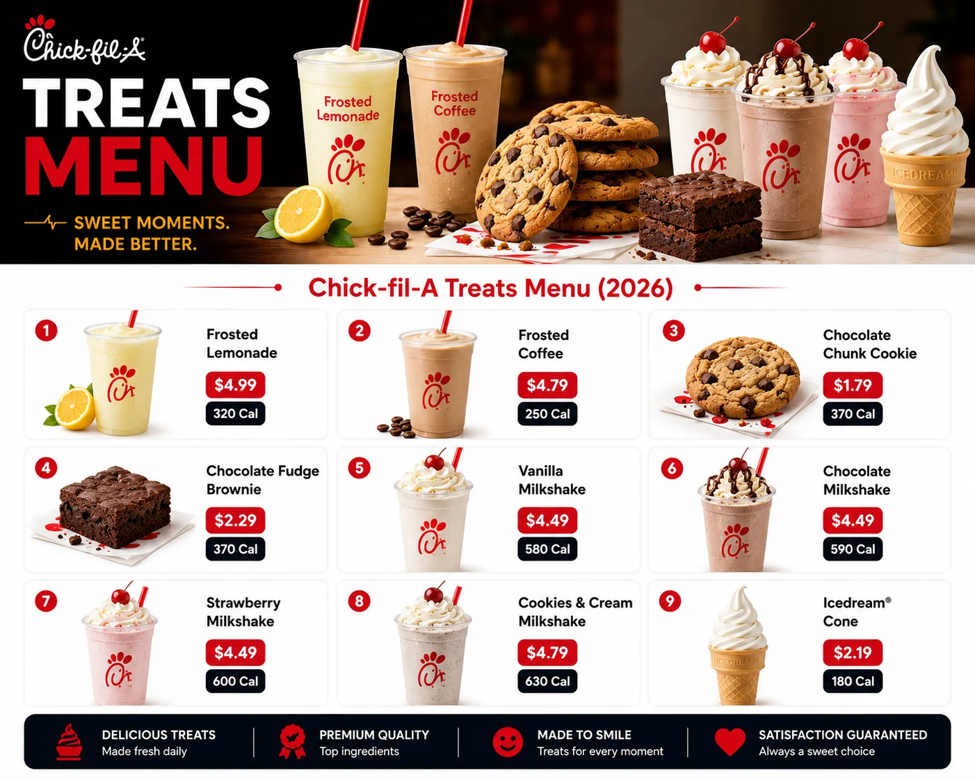 "Chick-fil-A Treats Menu 2026 featuring milkshakes, frosted lemonade, cookies, brownies and ice cream cone with prices and calories"