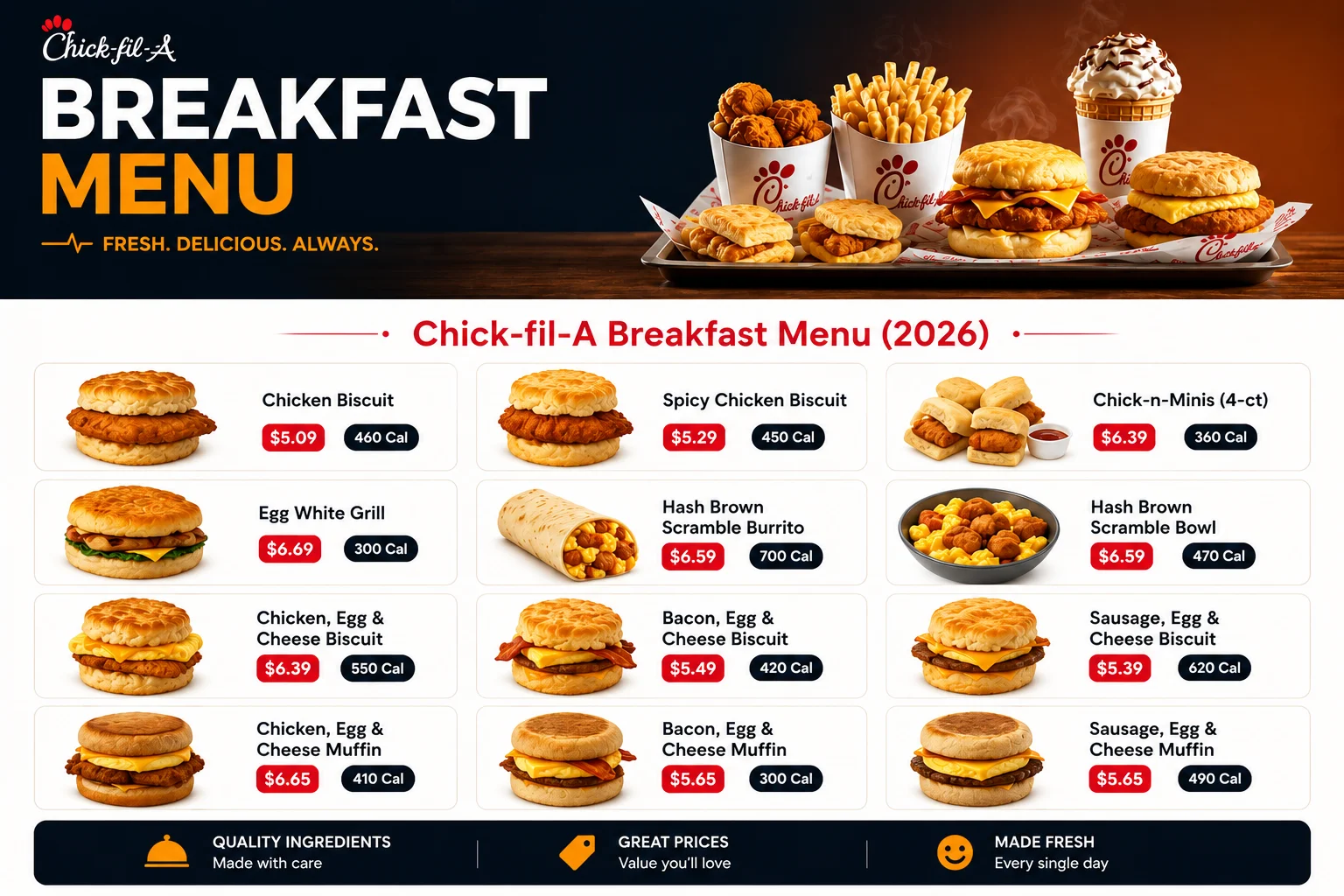 "Chick-fil-A breakfast menu 2026 featuring chicken biscuit, egg white grill, Chick-n-Minis, hash brown scramble burrito, and breakfast sandwiches with prices and calories displayed in a modern layout."