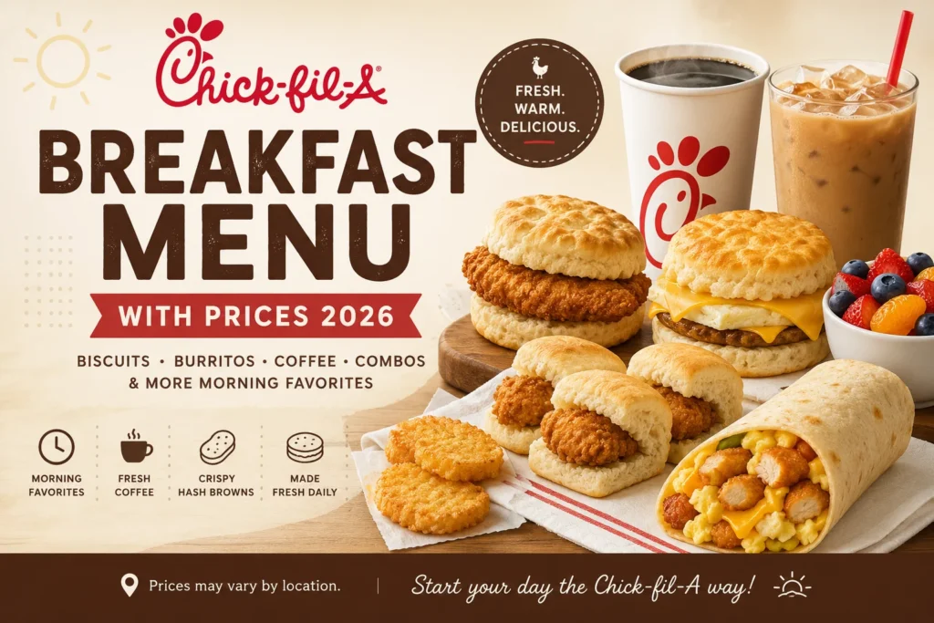 Chick-fil-A Breakfast Menu with Prices 2026 featuring chicken biscuits, Chick-n-Minis, breakfast burritos, hash browns, coffee, and combo meals on chickfillamenuu.net