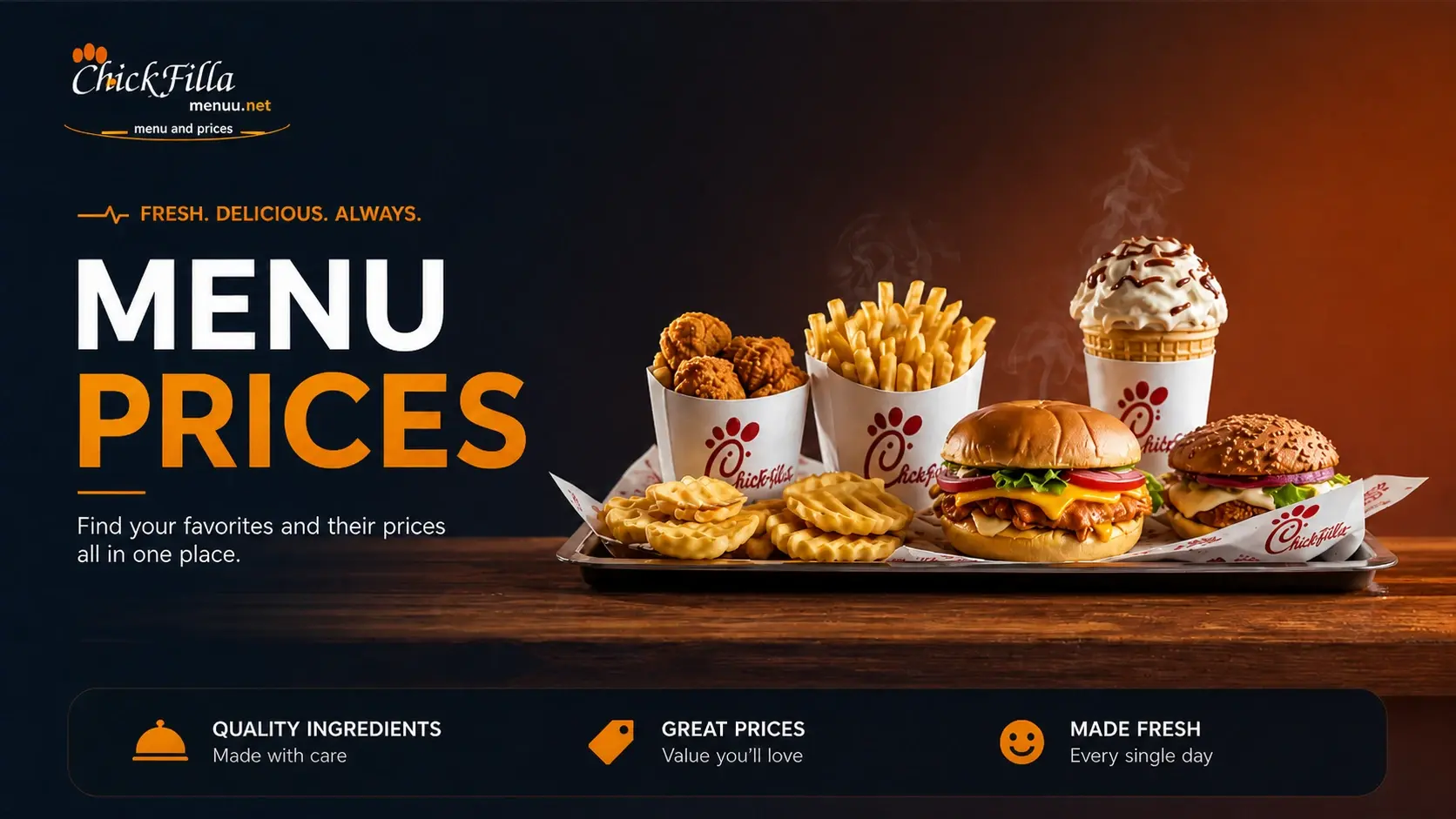 Chick fil A menu prices banner showing crispy chicken, fries, burgers, and a milkshake on a wooden table with a dark-to-warm gradient background, highlighting quality ingredients, great prices, and freshly made meals.